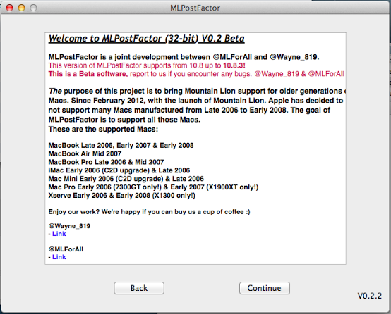 Установка OS X 10.8.4 на старые Mac с помощью утилиты MLPostFactor